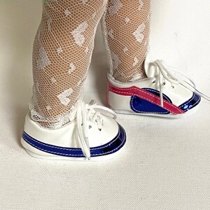 White Sneakers with Metallic Blue and raspberry accent, Sneakers for 18 inch Dolls,  Girl Doll Shoes, Doll Accessories