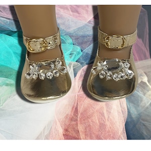 Gold Buckle Shoes with Rhinestones, Shoes for Dolls, 18 inch Doll Shoes