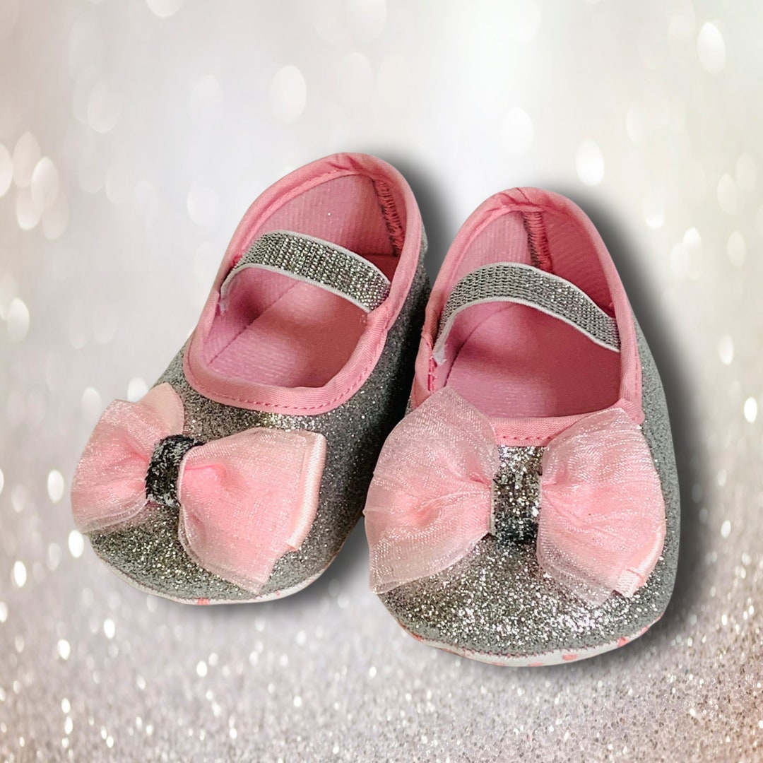 Silver and Pink Glitter Shoes, Silver Sparkly Shoes for Baby Girl