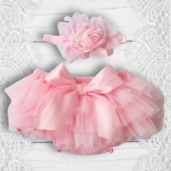 Pink Tutu Bloomers , Baby Girl Rose and Pearls Headband , Baby Photo Outfit, Baby Shower Gift , Smash Cake Photo