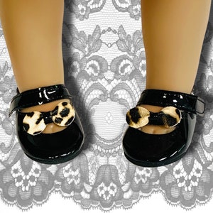 Black Glossy Shoes with Leopard Print Bow, Shoes for 18&quot; Dolls, Mary Jane Style shoes