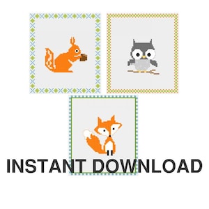 Conjunto de 3 padrões Woodland em ponto cruz, berçário, bebê, iniciante, download instantâneo, unissex, menino, menina, chuveiro