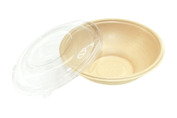 2 Pack of 100 -29 oz Round Disposable Bowls with Flat Lids Natural Sugarcane