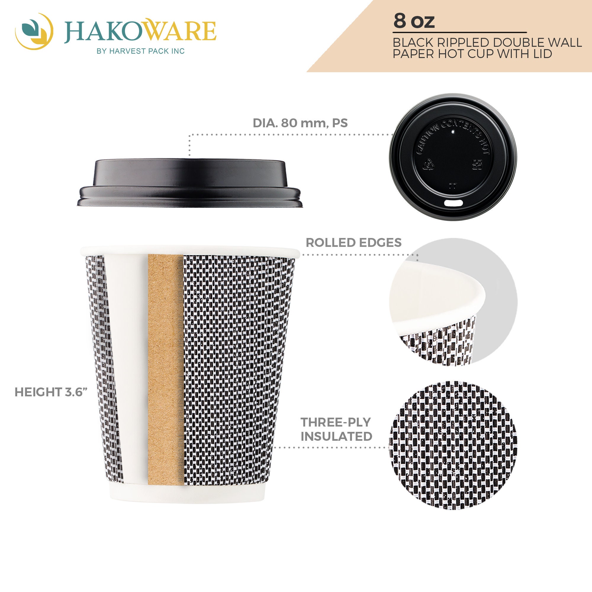 8oz or 16oz Black Rippled Double Wall Paper Cups Lid Options - Etsy
