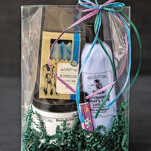 May include: A clear plastic gift bag filled with green shredded paper and a variety of bath and body products. The products include a bar of soap, a bottle of lotion, a jar of body butter, and a lip balm. The bag is tied with a purple and blue ribbon.