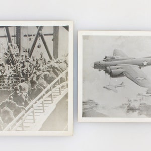 May include: Two black and white photographs. The first shows a group of people walking down a staircase on a ship. The second shows a B-17 bomber flying over a cloudy landscape.