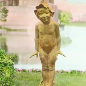 Cute Pixie Boy In Garden, Hand Tinted Antique Photo On Glass//DIY Art