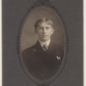 Boy in School Uniform w/ Center Parted Hair. Mounted Silver Print.