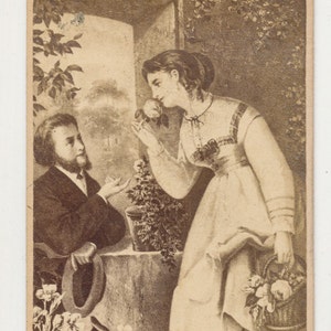 Vintage 1800s CDV tarjeta de ilustración de mujer ofreciendo su amor con una flor