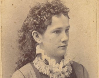 Vintage 1800s CDV Photo Of Young Woman With a Gaze and Victorian Collar//Fringed Hair Style//Vintage Woman Portrait