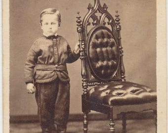 1800's CDV Photo of Little Boy Posing Next To Ornate Chair in Attica Indiana//19th Century Antique Photo of Boy Holding Chair