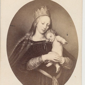 Tarjeta de ilustración CDV de La mujer en Crown Holding Imagen de La Virgen con el Niño de la Vendimia con el Niño de la 1800