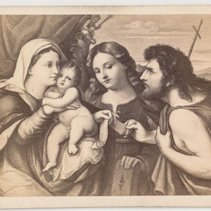 Jahrgang 1800 CDV Karte Illustration von zwei Frauen, ein Baby und ein Mann, den Austausch über sieht / / der Anbetung