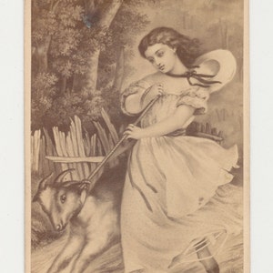 Vintage jaren 1800 CDV Card ~ illustratie van mooie vrouw lopen geit / de Romp/New York/Act of Congress