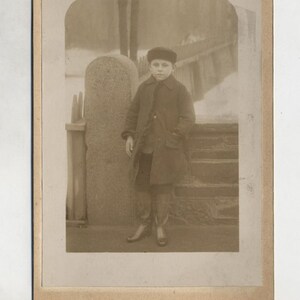 Vintage Cabinet Card of Boy With One Hand in Coat Pocket//Boy in Winter Attire and Fur Hat//19th Century Photo
