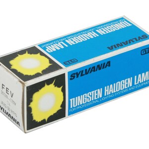 May include: A blue and white box with the text "SYLVANIA GTE TUNGSTEN HALOGEN LAMP FOR PROFESSIONAL LIGHTING SYSTEMS AND EQUIPMENT" on it. The box has a yellow and white sun graphic on the side.