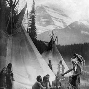 Native Americans In With Tepees In Front Of Mountains Black & White 8x10 Reprint