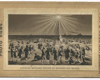 Vintage Manhattan Beach souvenir photo, comical artwork 3.5x5.5 in, collectible retro print