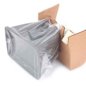 May include: A gray plastic container with a handle, wrapped in clear plastic, sits inside an open cardboard box. The box is brown and has a simple design. The background is white.