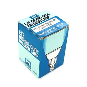 May include: A blue box with white text that reads "EYE DICHRO-COOL HALOGEN LAMP" and "TYPE JDR120V7SW/2W E17 P-7817 WIDE" and "IWASAKI ELECTRIC CO.,LTD. TOKYO, JAPAN". The box contains a clear glass light bulb with a blue tint.
