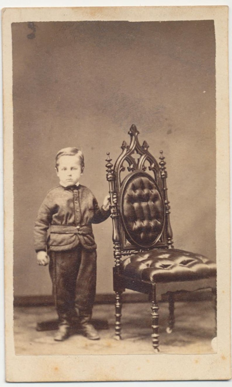 1800/'s CDV Photo of Little Boy Posing Next To Ornate Chair in Attica Indiana19th Century Antique Photo of Boy Holding Chair