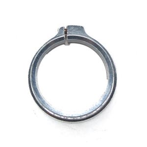 May include: A silver ring with a unique design, featuring a split band and a small, rectangular accent. The ring is set against a white background, highlighting its metallic sheen and minimalist style.