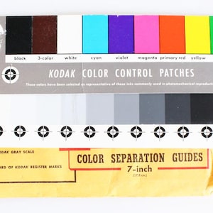 May include: A collection of vintage Kodak color control patches and color separation guides. The color control patches feature a range of colors, including black, white, cyan, violet, and magenta. The color separation guides are 7 inches (17.8 cm) long.