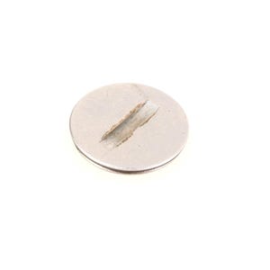 May include: A close-up of a silver, flathead screw. The screw head is round with a single, wide slot for a screwdriver. The metal has a slightly worn appearance, with a few scratches visible on the surface.