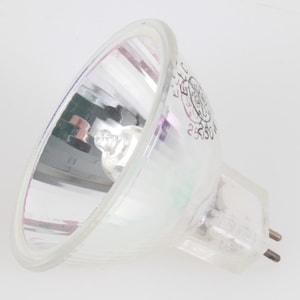 May include: A clear, glass halogen light bulb with a reflective interior. The bulb has a rounded front and a rectangular base with two prongs. The GE logo and other markings are visible on the side.