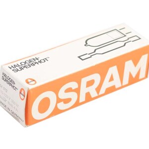 Könnte beinhalten: Eine weiße und orangefarbene Schachtel mit dem Text "OSRAM" in großen weißen Buchstaben. Die Schachtel ist mit "HALOGEN SUPERPHOT" beschriftet und zeigt auf der Seite ein Diagramm einer Glühbirne. Die Schachtel ist in Deutschland hergestellt.