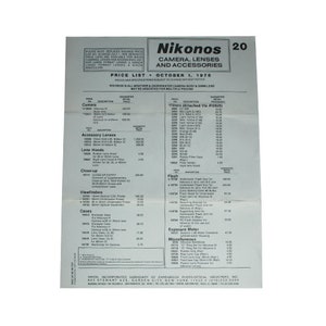 Price List Nikon Nikonos 1978