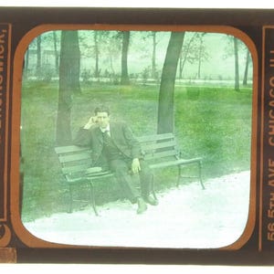 Autochrome Of Young Man Posing On Park Bench