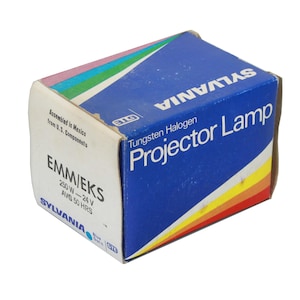 May include: A blue and white box with the text "SYLVANIA Projector Lamp" and "Tungsten Halogen" on it. The box is labelled "EMMIEKS 250W - 24V AVG 50 HRS".