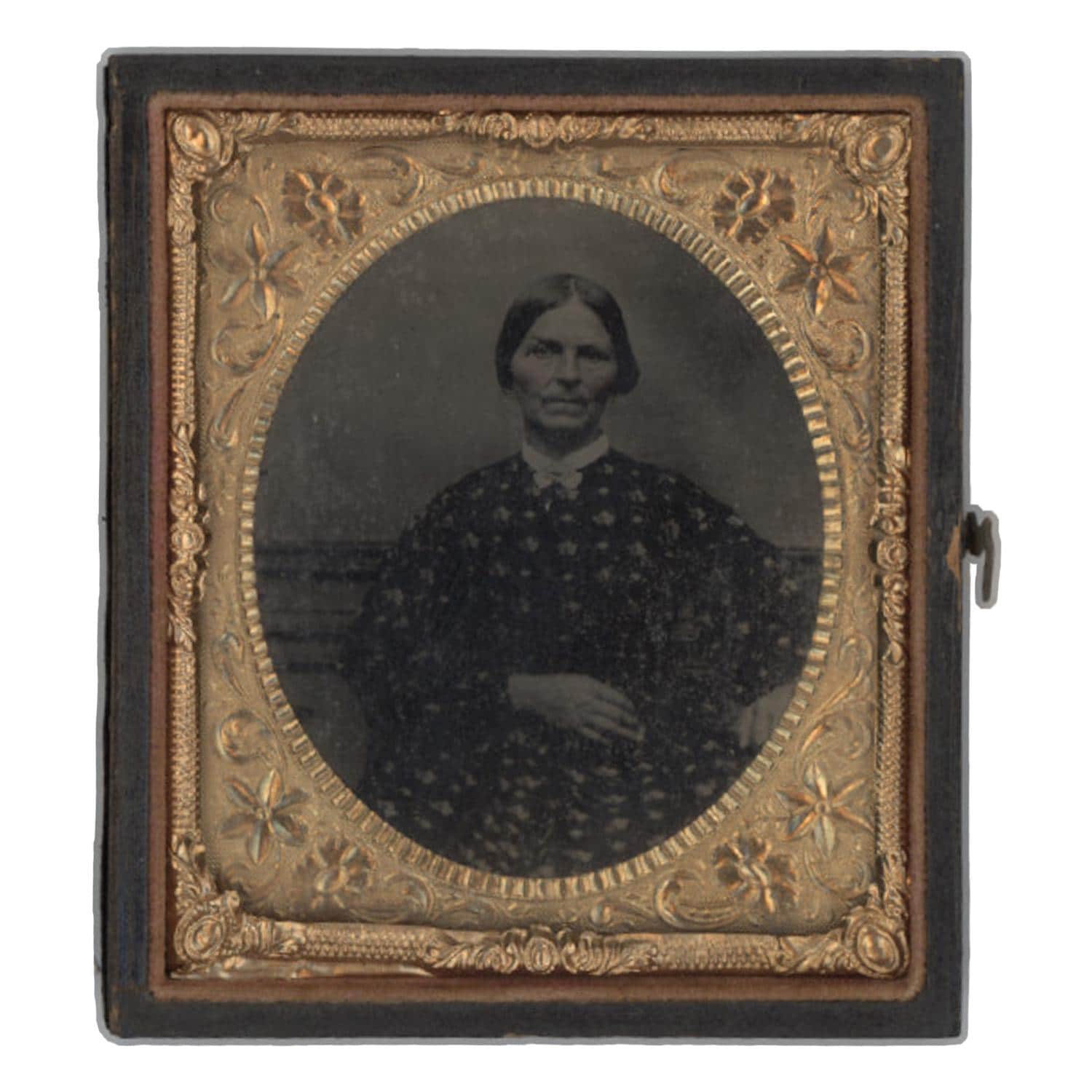 アンティークフォト　アンブロタイプ　女性 南北戦争時代のヴィンテージアンブロタイプ写真、花柄のドレスを着た