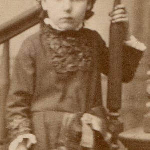 Young Girl Posed At Stairs, Holding Toy. Cdv.
