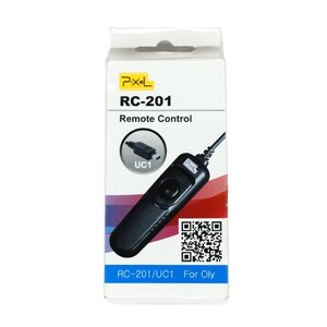 May include: A black remote control with a button and a cable is displayed on a white box. The box has the text "RC-201 Remote Control" and a QR code. The box has a purple and red gradient.