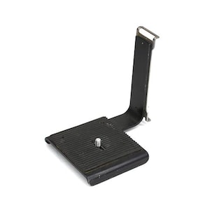 May include: Black metal camera tripod plate with a threaded screw in the center and a metal arm extending upwards.