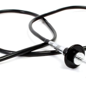 May include: Black cable with a silver and black tool at the end. The tool has a round black handle with a silver knob and a silver tip.