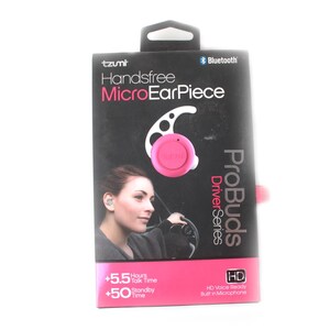May include: A black and pink box for a handsfree MicroEarPiece. The box features a pink earbud, a woman, and the text "ProBuds Driver Series". The box also states "+5.5 hours talk time" and "+50 standby time".