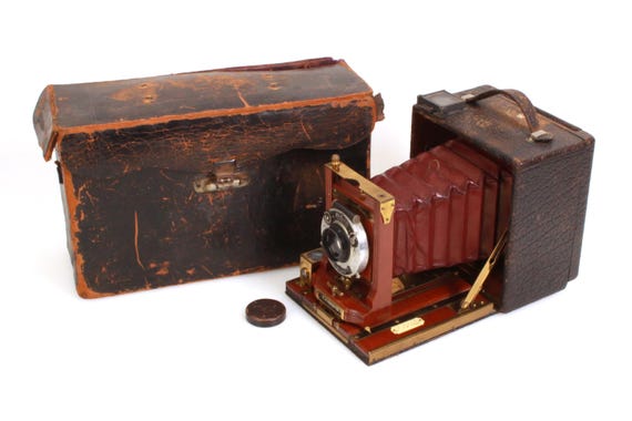 カメラ アンティーク Rare Antique 1900 4x5 Century Wood Brass Folding Plate Camera W