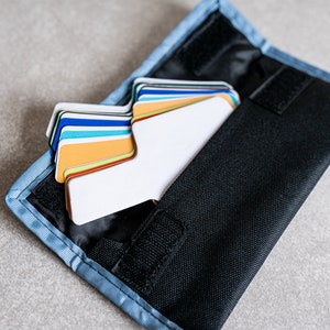 Op de afbeelding: Een zwarte stoffen tas met een blauwe rand en klittenbandsluiting. De tas is open en bevat een stapel kleurrijke en witte filterkaarten.