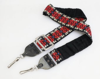 Vintage 1960s Retro Adjustable Camera Strap - Black/Red/White Pattern