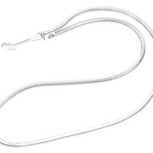 May include: A silver-colored necklace with a snake chain design. The necklace features a curved, hook-like pendant at the end. The chain is made of small, interconnected metal links, creating a flexible and smooth texture. The necklace is displayed against a white background.