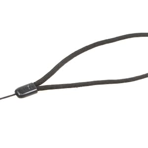 May include: Black wrist strap with a loop and a small plastic adjuster. The strap is made of a woven material and has a small hook at the end. The strap is designed to be worn around the wrist.
