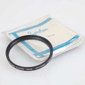 May include: A black 55mm Spiratone Coated Diffuser lens filter with text. The filter sits in front of a clear plastic package with the Spiratone logo and blue accents. The package is labeled "Made in Japan."