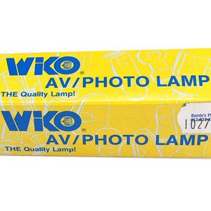 May include: Yellow and blue box with the text "Wiko AV/PHOTO LAMP THE Quality Lamp!" on both sides. The box has a barcode and the text "Bernie's Photo 102759" on the right side.