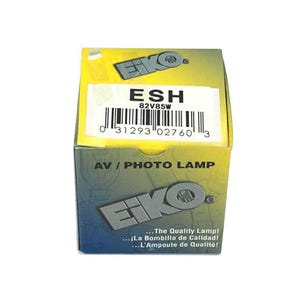 May include: A rectangular box with a yellow top and a gray and green body. The box has the text "ESH 82V85W" and "AV/PHOTO LAMP". The box also has the brand name "EIKO" and a barcode.