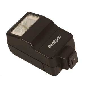 May include: A black ProSpec flash unit with a white flash head and a hot shoe mount.