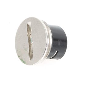 May include: A silver-colored screw with a slotted head and a black cylindrical base. The screw head has a single, straight slot for a screwdriver. The black base has a small, curved cutout.