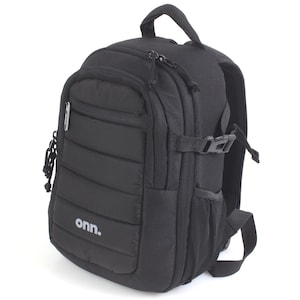 May include: Black backpack with a padded design and a top handle. The backpack has multiple compartments, a side pocket, and adjustable straps. The brand name "onn." is printed on the front.